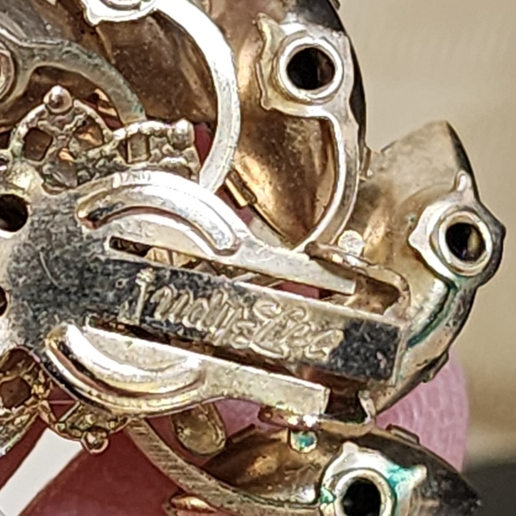 JUDY LEE Vintage 50s Brooch & Clip-On Earrings Set Gold Leaf Aurora Rhinestones - Picture 8 of 14